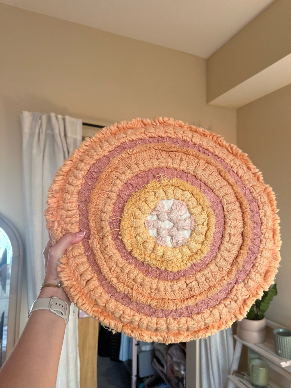 Cost Plus World Market Peach, Pink and Yellow Round Decorative Pillow Boho Chic